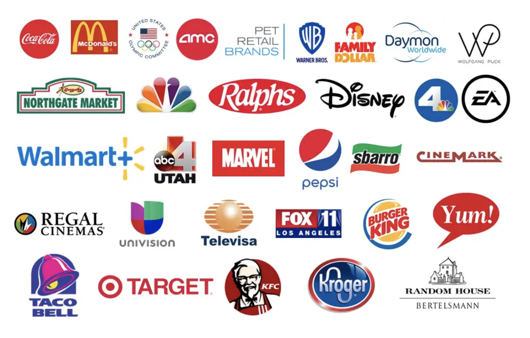 Major client logos including Coca-Cola, McDonald's, Disney, Warner Bros, Target, Walmart, Pepsi, KFC, NBC, AMC, Ralphs, EA Sports, and many more